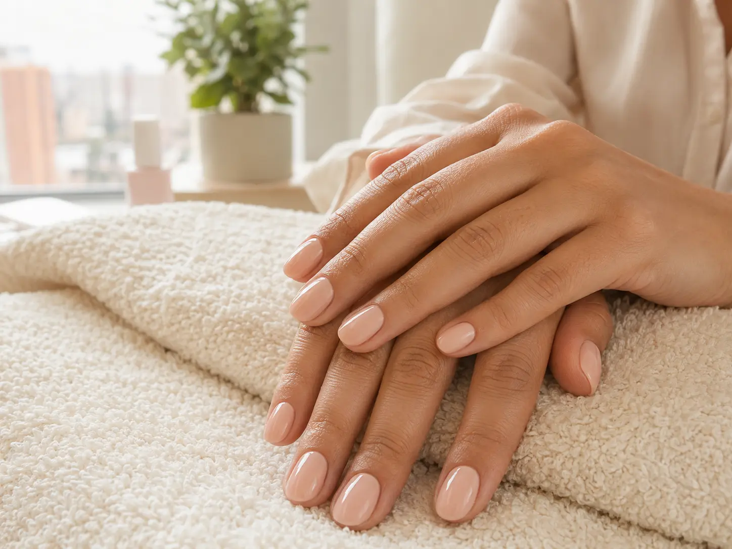 Resultado de manicure a domicilio en Bogotá con esmalte nude